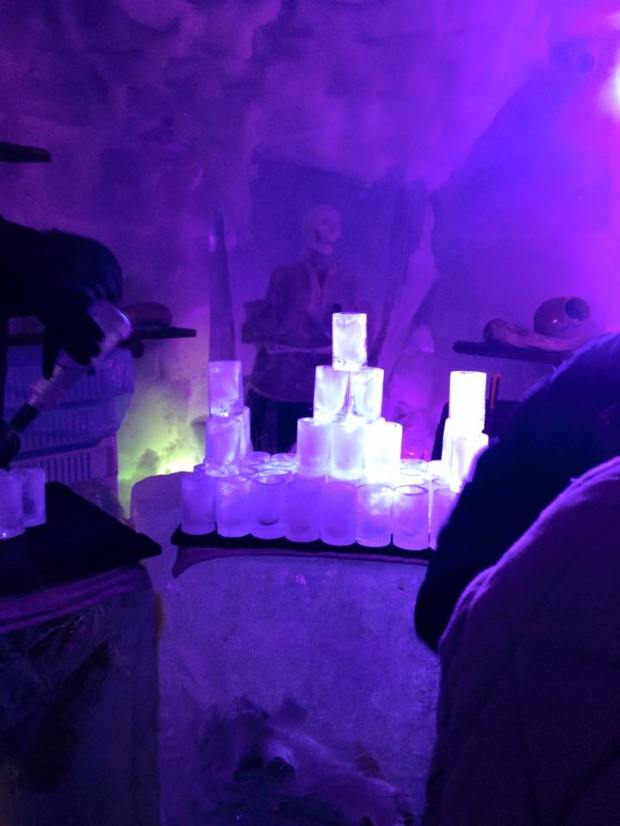 The bar and glasses were made completely from ice.